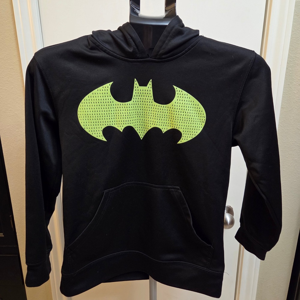 Kids Batman Hoodie Black Neon Yellow Bat Symbol Pullover Youth L 10 12